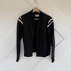 Marine Layer Black Zip-Up Varsity Jacket White Shoulder Stripes, Medium